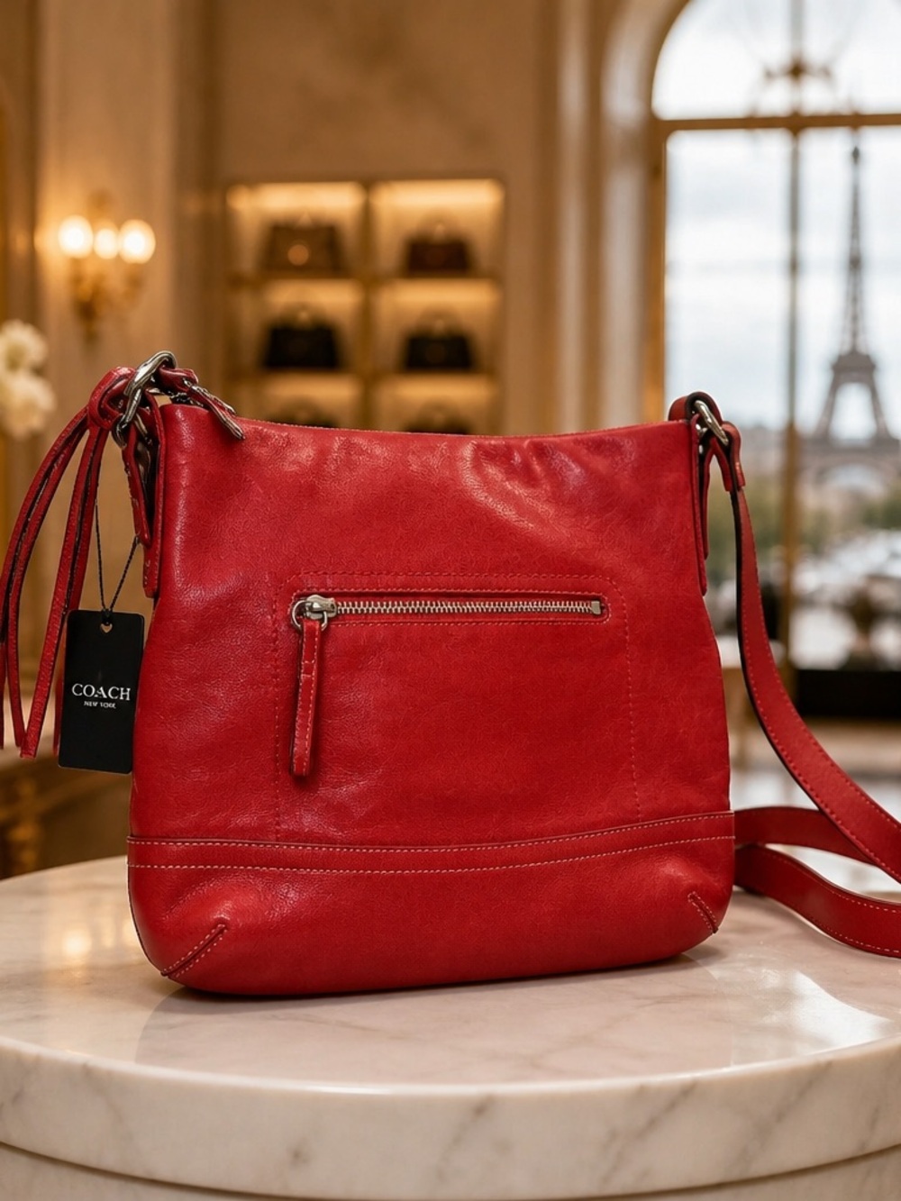 Vintage COACH Red Leather Crossbody Bag #J052-1415 flawless shape .